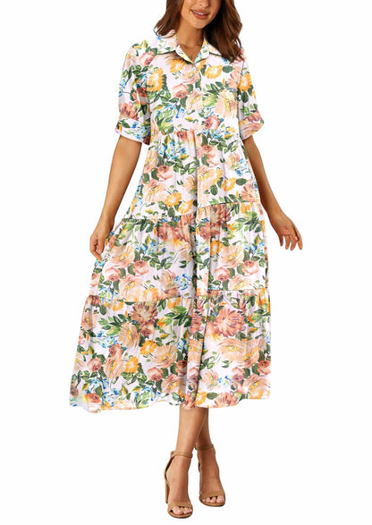 PRETTYGARDEN Women Casual Summer Floral Print Beach Maxi Dress White Apricot L