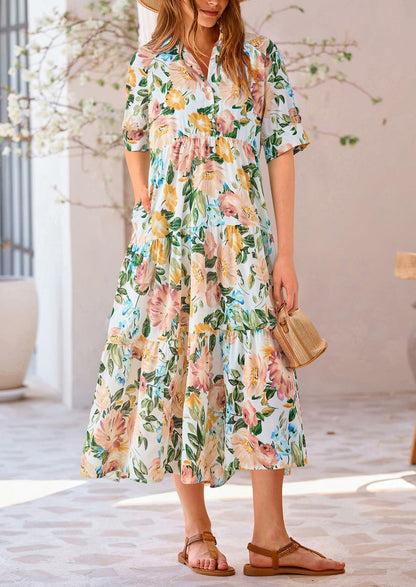 PRETTYGARDEN Women Casual Summer Floral Print Beach Maxi Dress White Apricot L