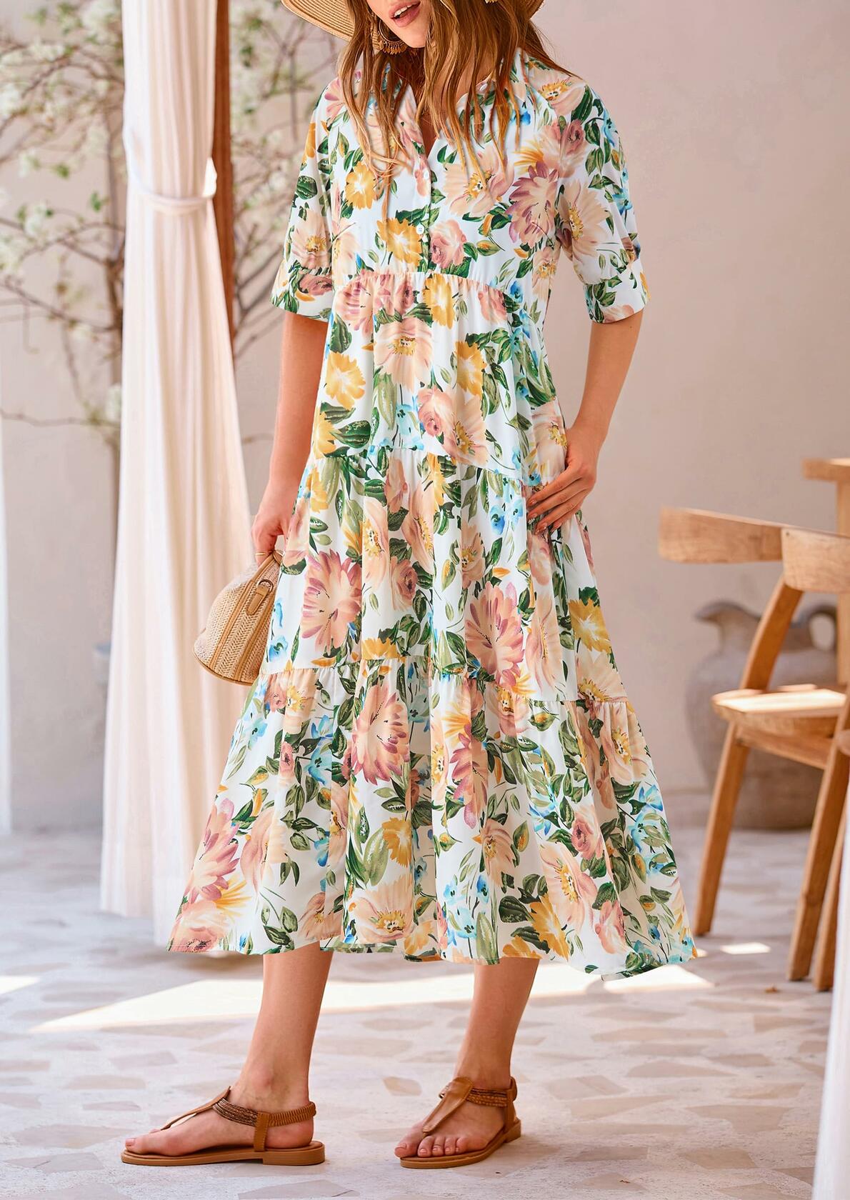 PRETTYGARDEN Women Casual Summer Floral Print Beach Maxi Dress White Apricot L