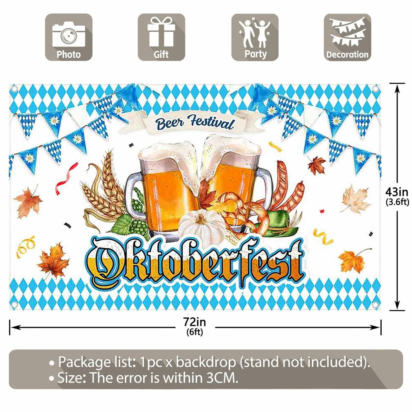 ZTHMOE Oktoberfest Photography Backdrop 72x43inch Blue White Bavarian