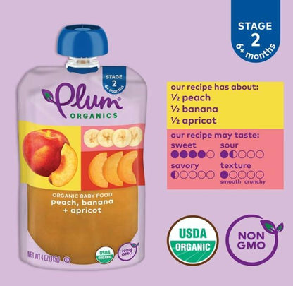 Plum Organics Stage 2 Baby Food Peach Banana Apricot 4oz Pouch Pack of 6
