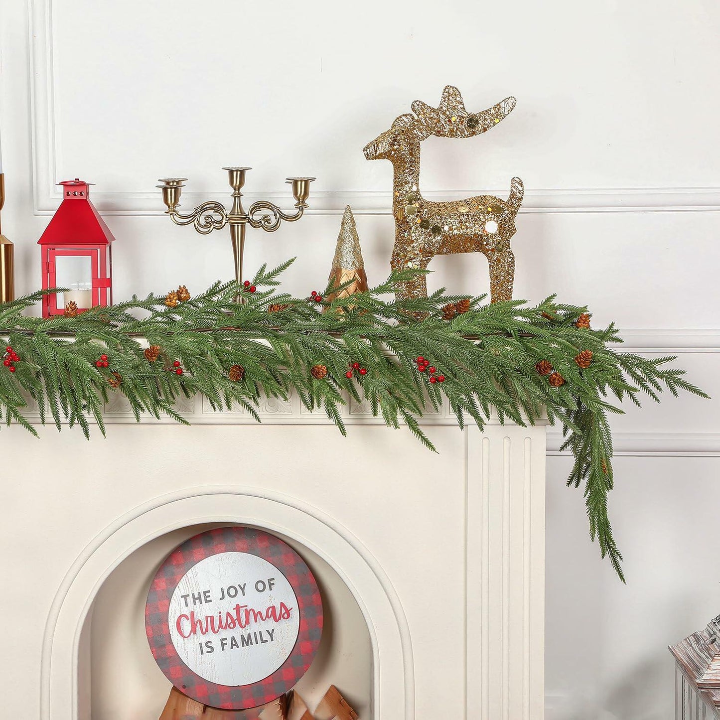 SHareconn 9FT Artificial Norfolk Pine Garland with Pine Cones Red Berries Green