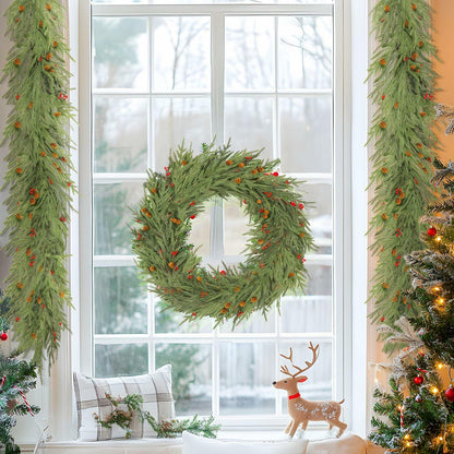 SHareconn 9FT Artificial Norfolk Pine Garland with Pine Cones Red Berries Green