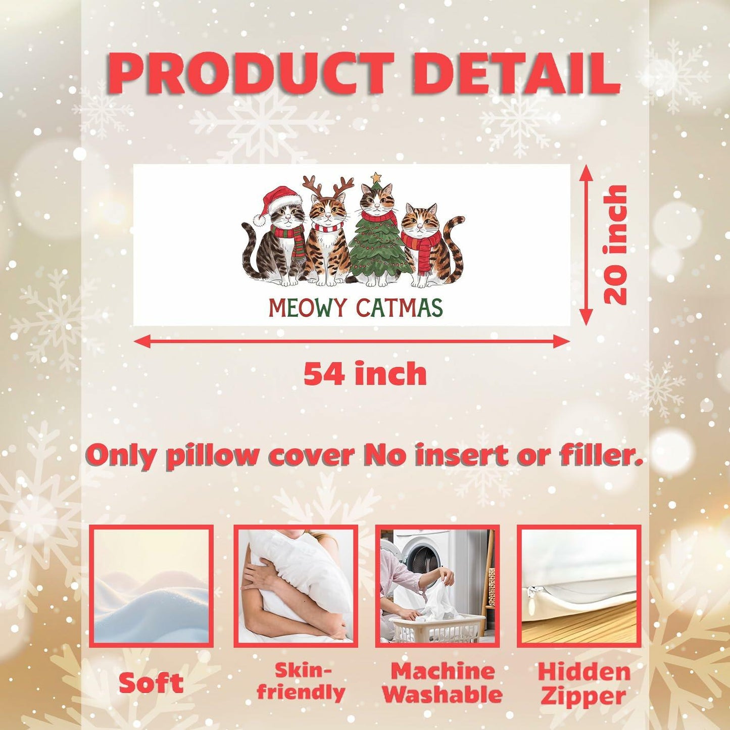Yhtrg Christmas Cat Body Pillow Cover 20x54 Plush Velvet Holiday Gift
