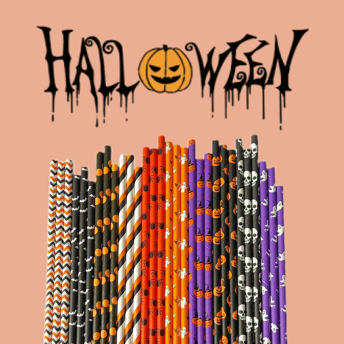 YAOSHENG Halloween Paper Straws 200pcs Biodegradable Mixed Styles Party