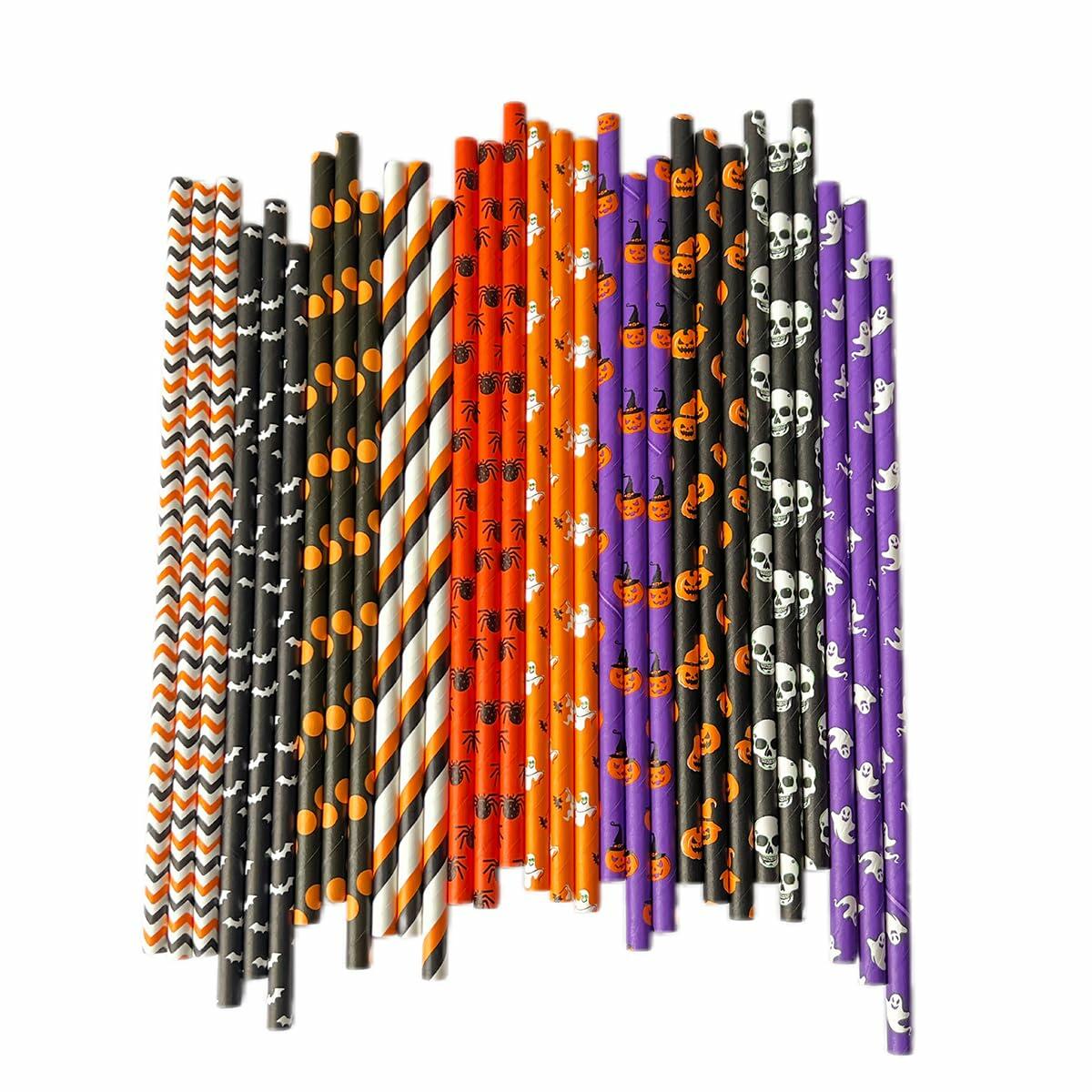 YAOSHENG Halloween Paper Straws 200pcs Biodegradable Mixed Styles Party