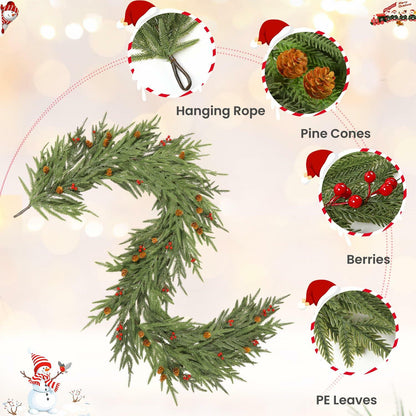 SHareconn 9FT Artificial Norfolk Pine Garland with Pine Cones Red Berries Green