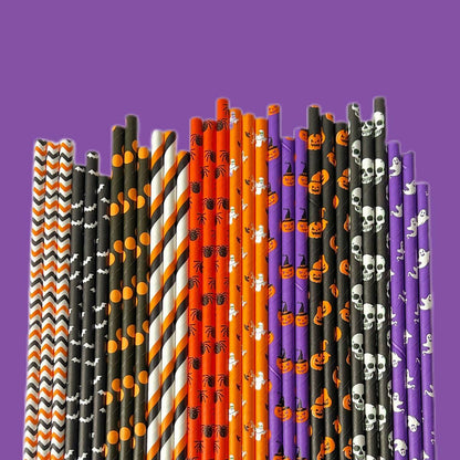 YAOSHENG Halloween Paper Straws 200pcs Biodegradable Mixed Styles Party