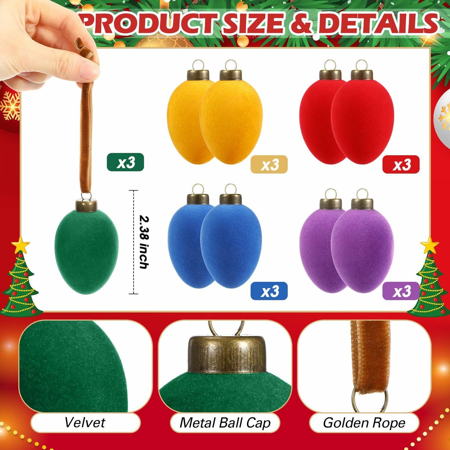 Hollowfly Christmas Velvet Balls Ornaments 2.36'' Rainbow 15 Pcs Shatterproof