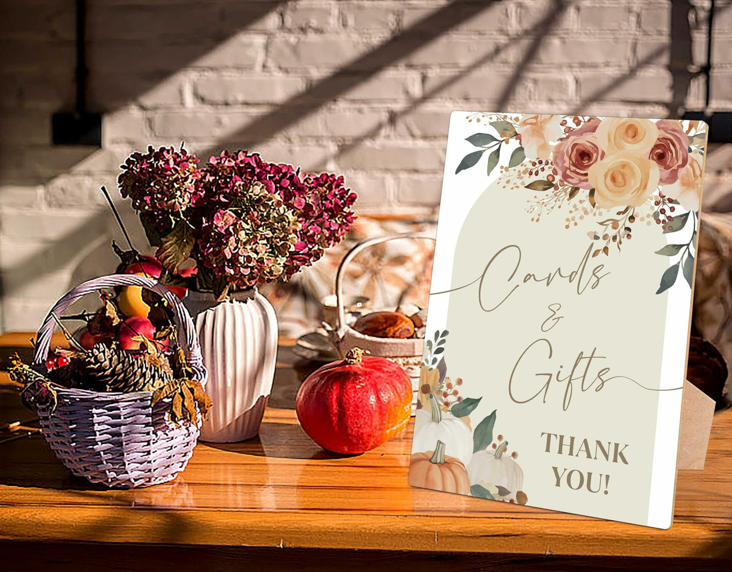 Serach Pumpkin Baby Shower Table Sign Wooden Stand Fall Floral YD16