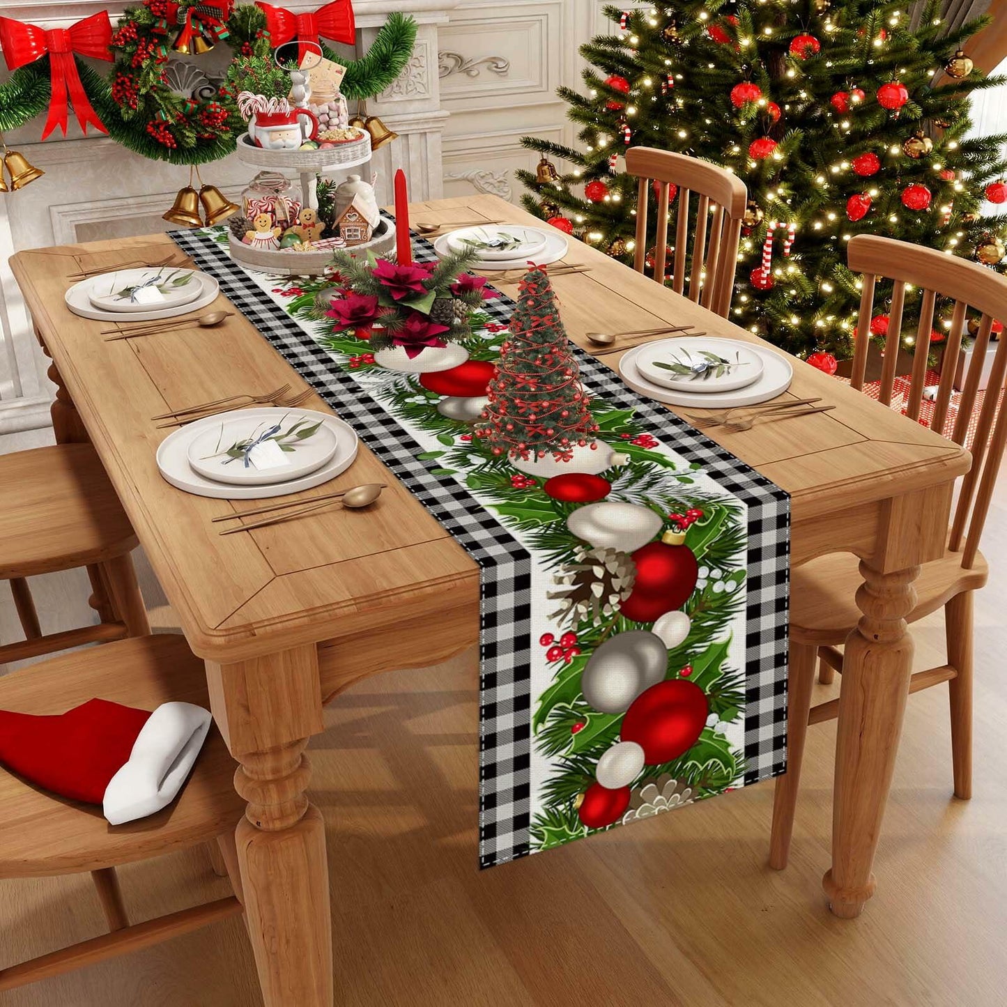 Jiudungs Linen Green Black Buffalo Check Plaid Table Runner 60in