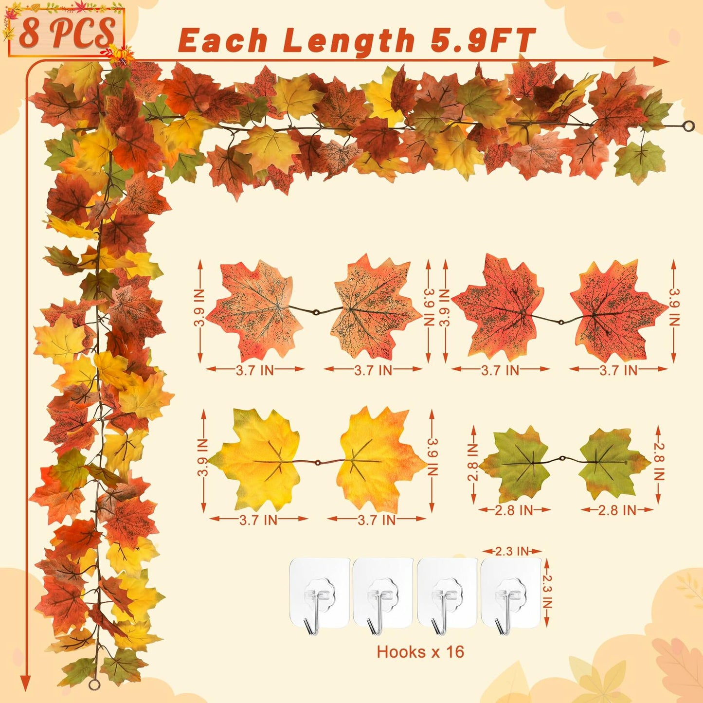 Helimoto Maple Leaf Garland 8 Pack 47.2FT Green Artificial Fall Leaves