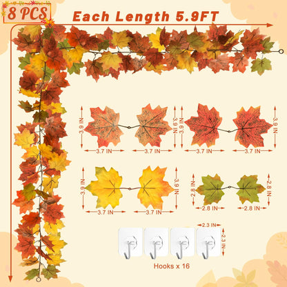 Helimoto Maple Leaf Garland 8 Pack 47.2FT Green Artificial Fall Leaves