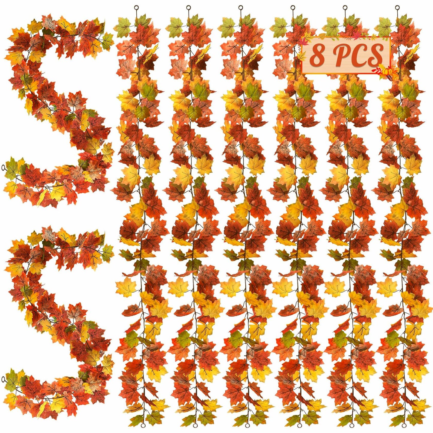 Helimoto Maple Leaf Garland 8 Pack 47.2FT Green Artificial Fall Leaves