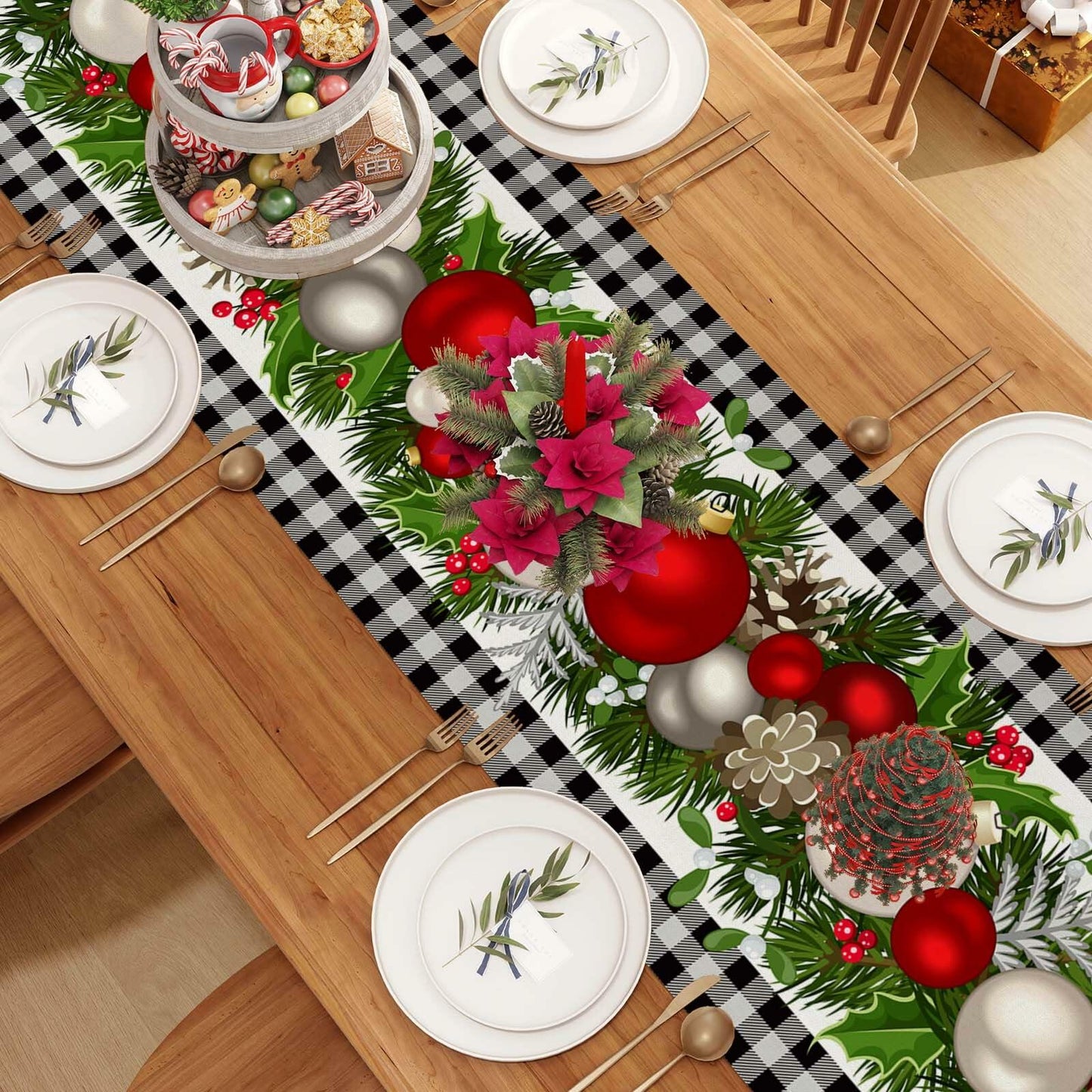 Jiudungs Linen Green Black Buffalo Check Plaid Table Runner 60in