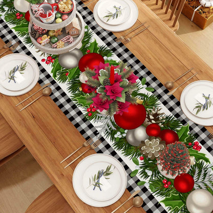 Jiudungs Linen Green Black Buffalo Check Plaid Table Runner 60in