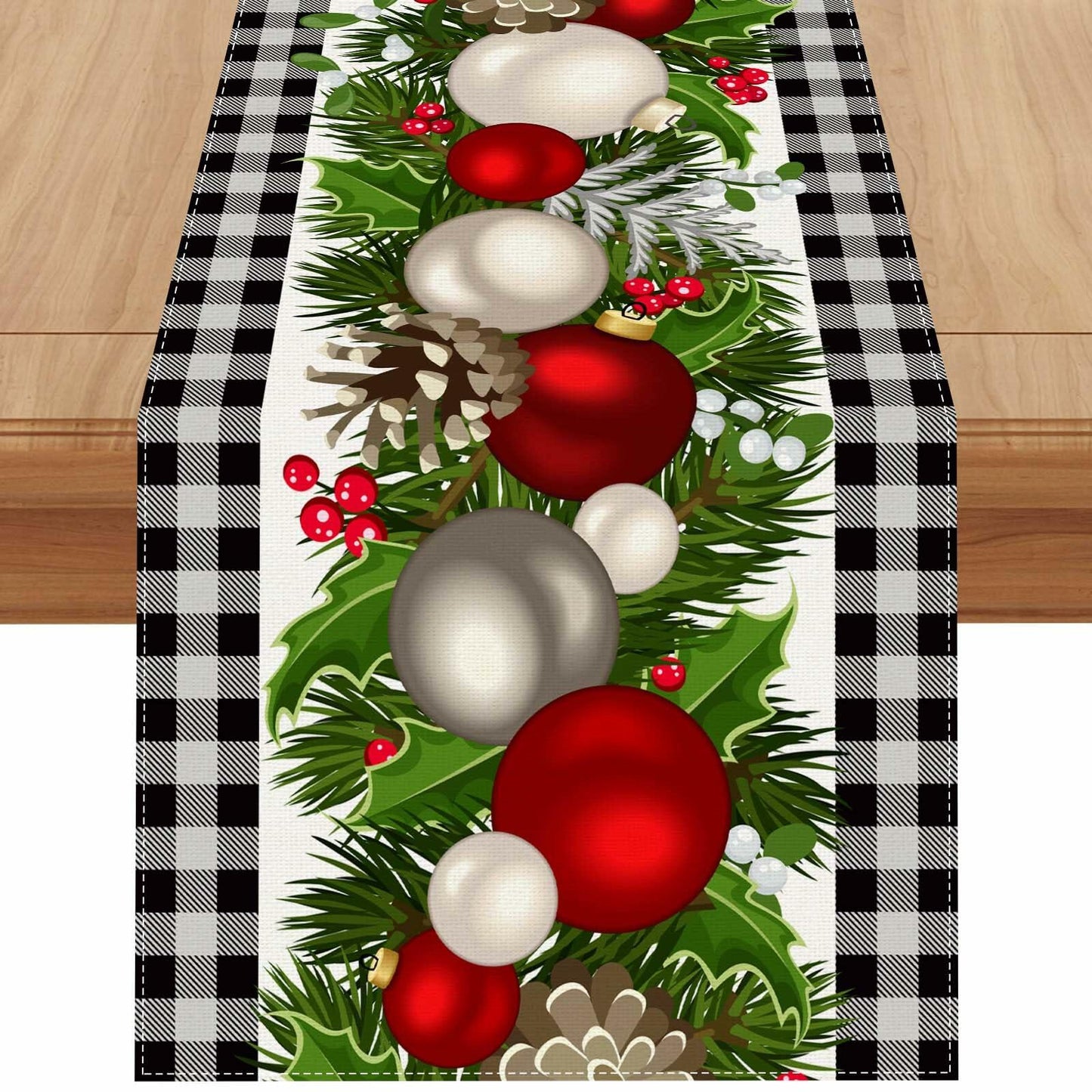 Jiudungs Linen Green Black Buffalo Check Plaid Table Runner 60in