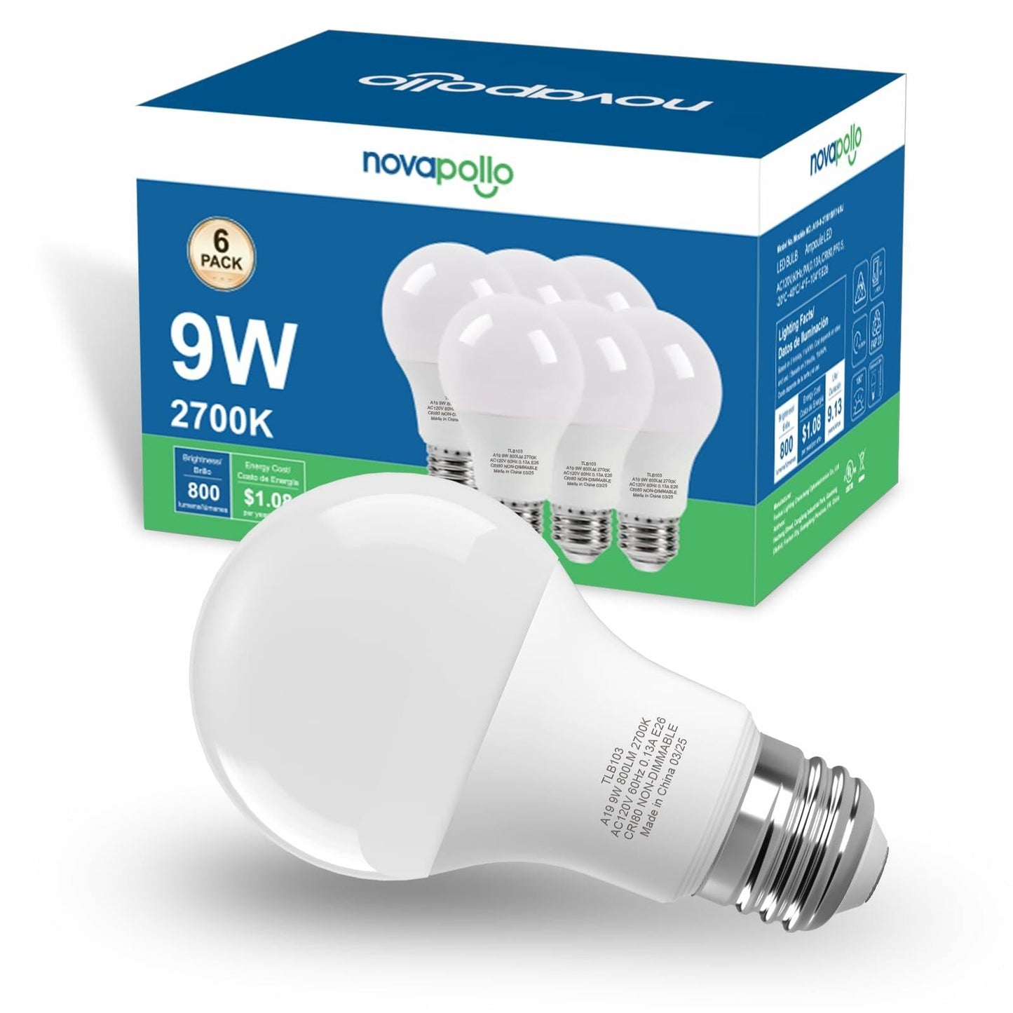 novapollo A19 9W LED Bulb 800 Lumens 2700K Soft White 6 Pack