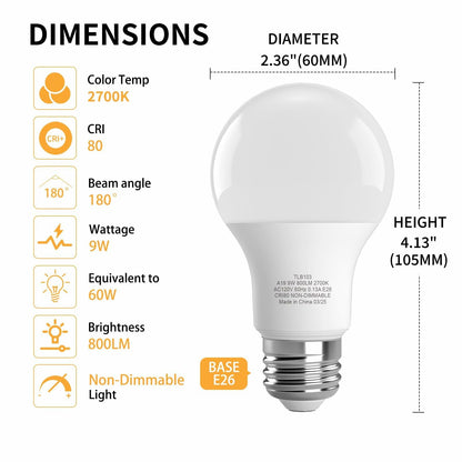 novapollo A19 9W LED Bulb 800 Lumens 2700K Soft White 6 Pack