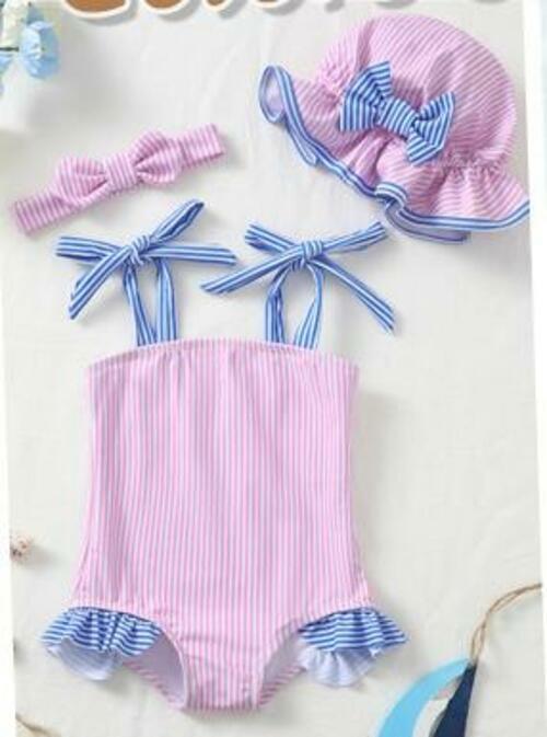 Renotemy Toddler Girl One-Piece Rash Guard Swimsuit Pink Striped Size 18-24M