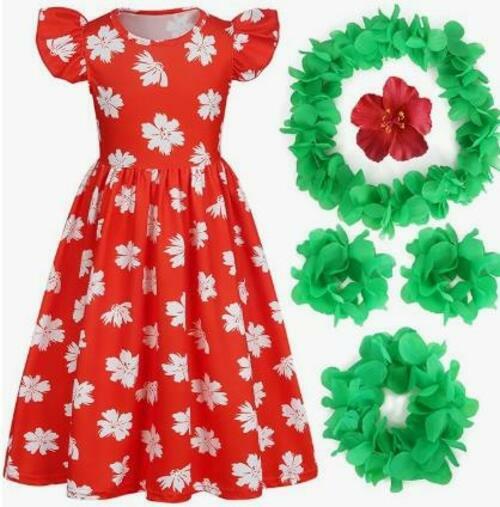Slivomi Girls Hawaiian Dress & Accessory Set Red Tropical Luau Size 9-10Y