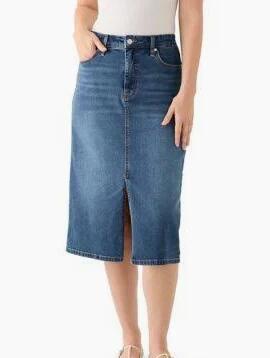 ETTELO Midi Denim Skirt High Waisted Slit Casual Stretch Deep Blue Size XX-Large