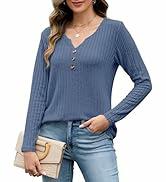 Edelqual Women's Long Sleeve Henley V Neck Sweater Blue Size L