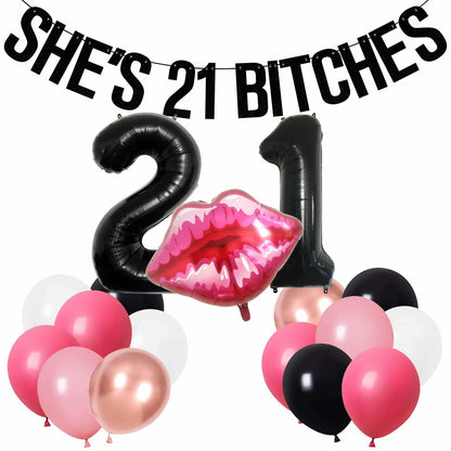 RASPATI 21st Birthday Decorations Black Pink Rose Gold Balloon Banner