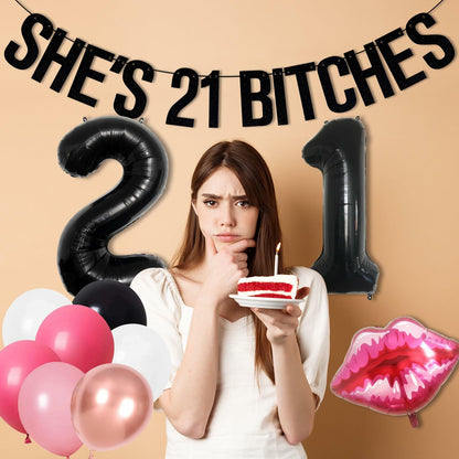 RASPATI 21st Birthday Decorations Black Pink Rose Gold Balloon Banner