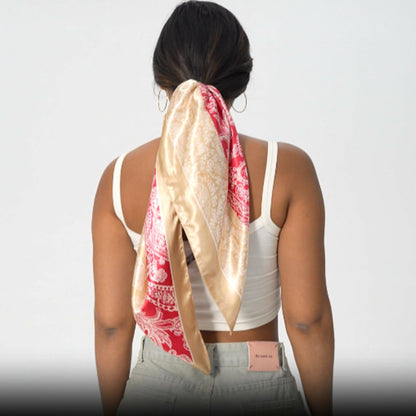 VJHX Paisley Satin Head Scarf Large Square 35in Khaki Pink