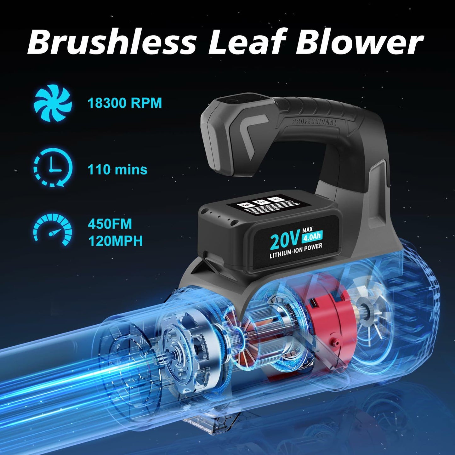 WHATOOK Cordless Leaf Blower 20V 4.0Ah Brushless Motor 2 Batteries Grey