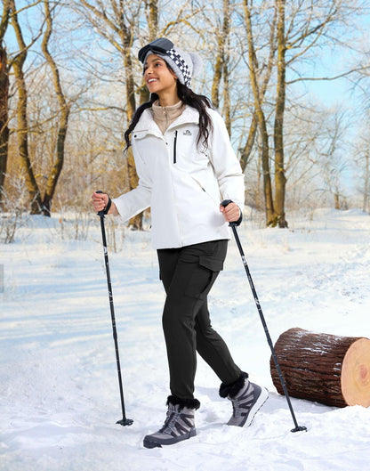 SANTINY Women Fleece Lined Cargo Joggers Waterproof Black Size L