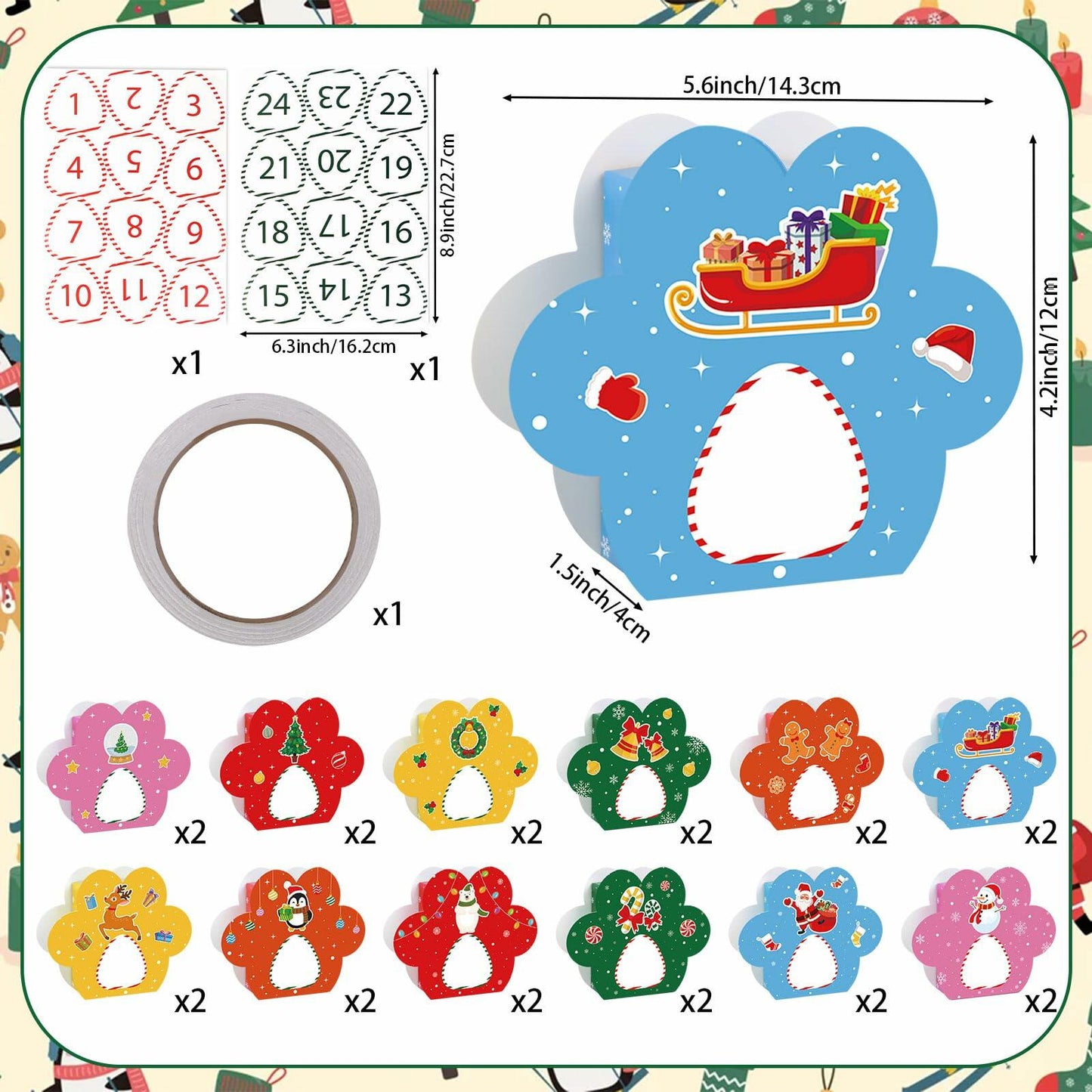 Hxezoc 24 Pcs DIY Christmas Advent Calendar Boxes Dog Paw Xmas Decoration