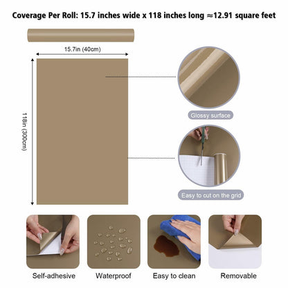 FANCYEASY Glossy Gold Brown Contact Paper 15.7x118in Waterproof Vinyl