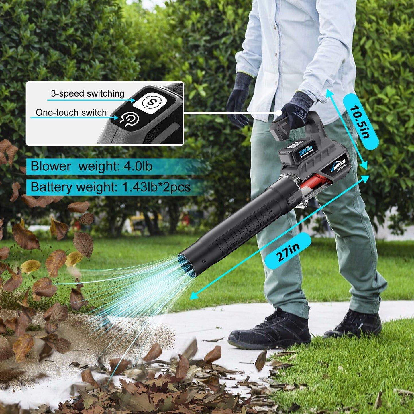 WHATOOK Cordless Leaf Blower 20V 4.0Ah Brushless Motor 2 Batteries Grey