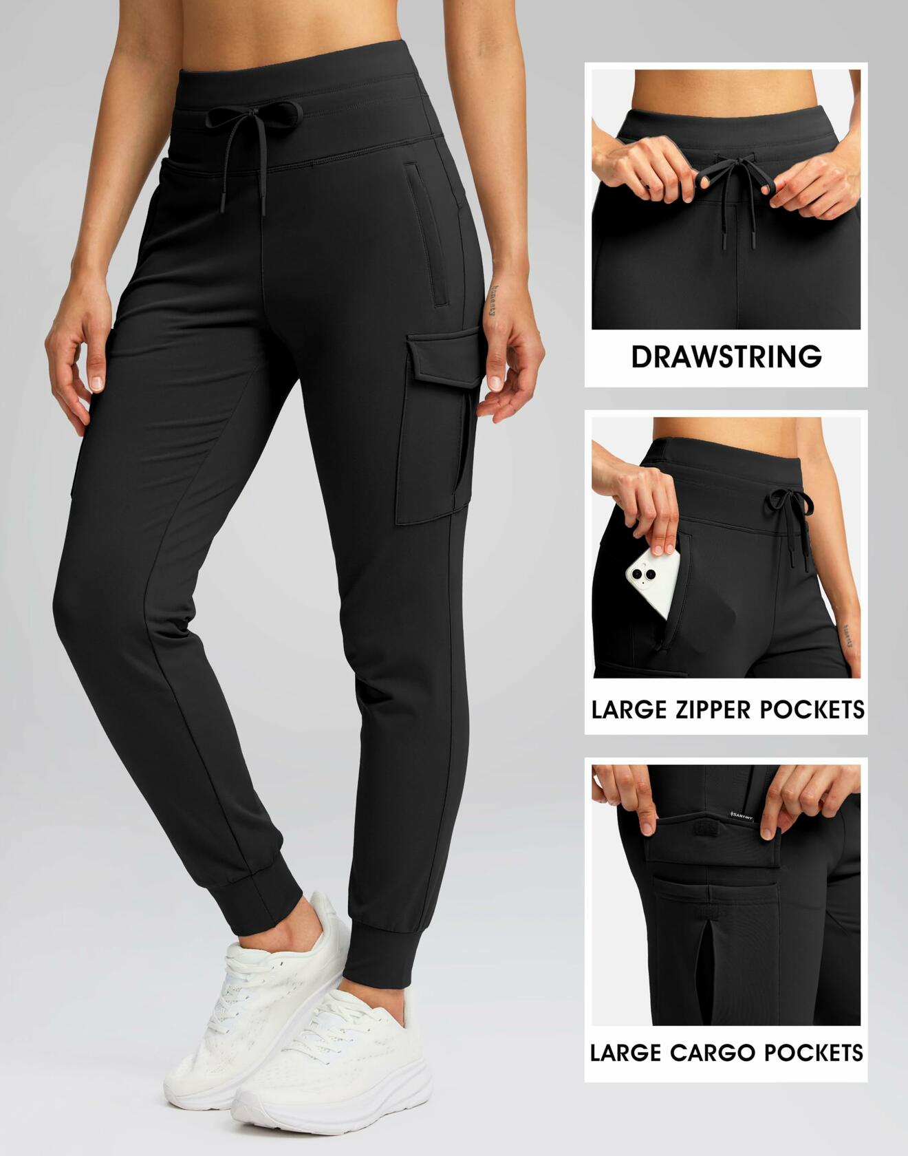 SANTINY Women Fleece Lined Cargo Joggers Waterproof Black Size L