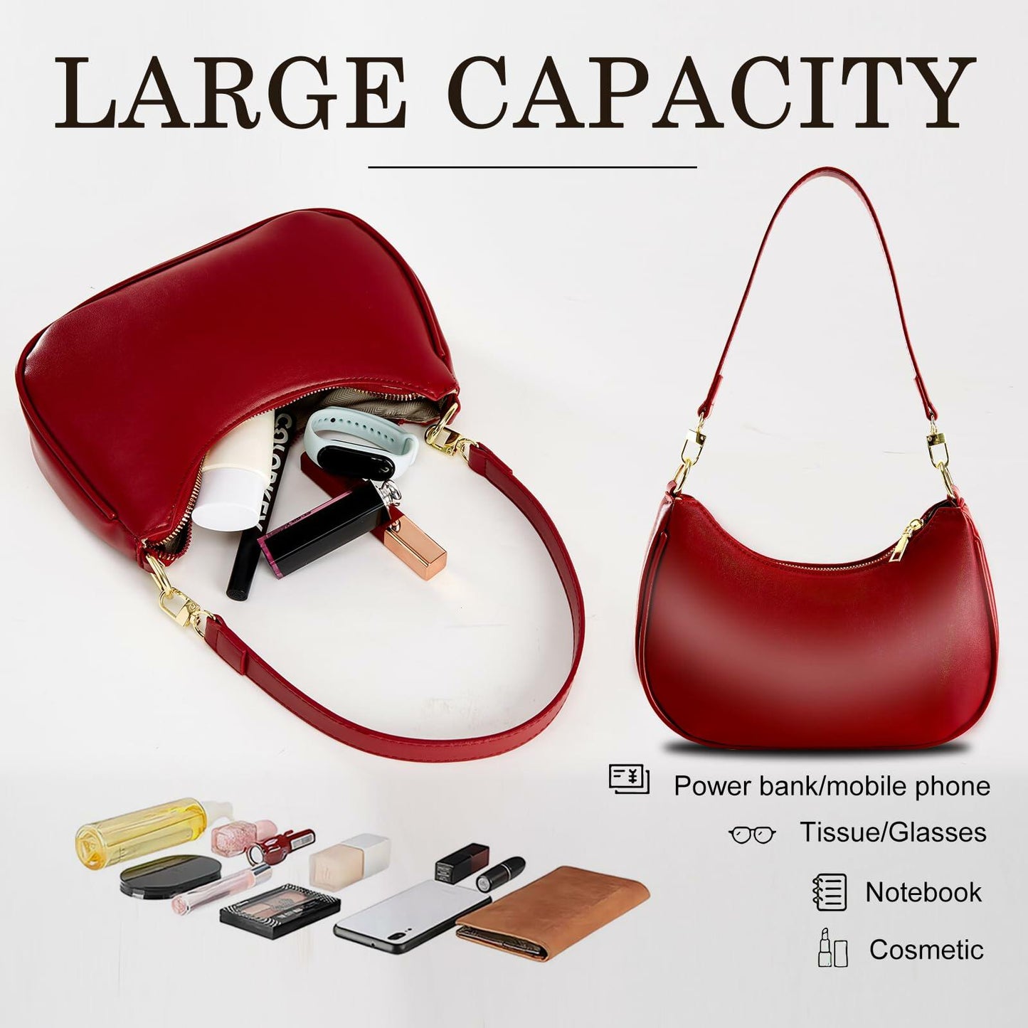 KUNZHAN Leather Shoulder Bag Women Hobo Tote Mini Clutch Purse Red