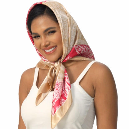 VJHX Paisley Satin Head Scarf Large Square 35in Khaki Pink
