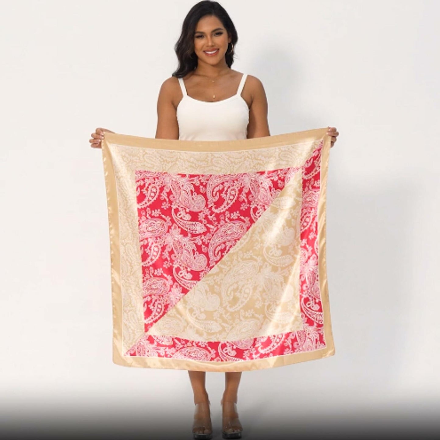 VJHX Paisley Satin Head Scarf Large Square 35in Khaki Pink