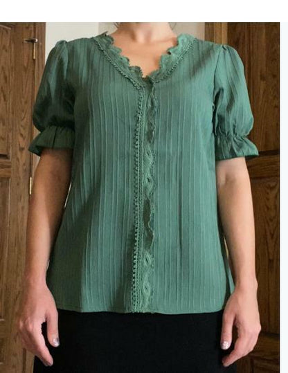JUSTFASHIONNOW Summer Lace V Neck Short Sleeve Blouse Green Size M