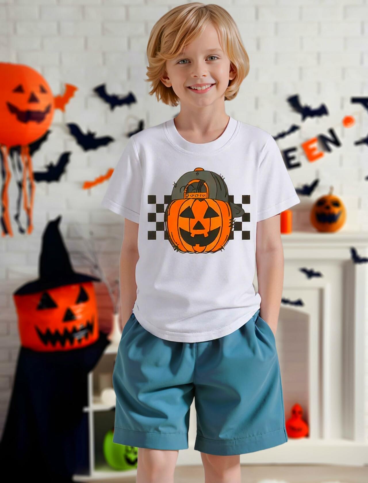 YWAGK Boys Halloween Pumpkin T-Shirt Plaid Tee White Size 7-8 Years
