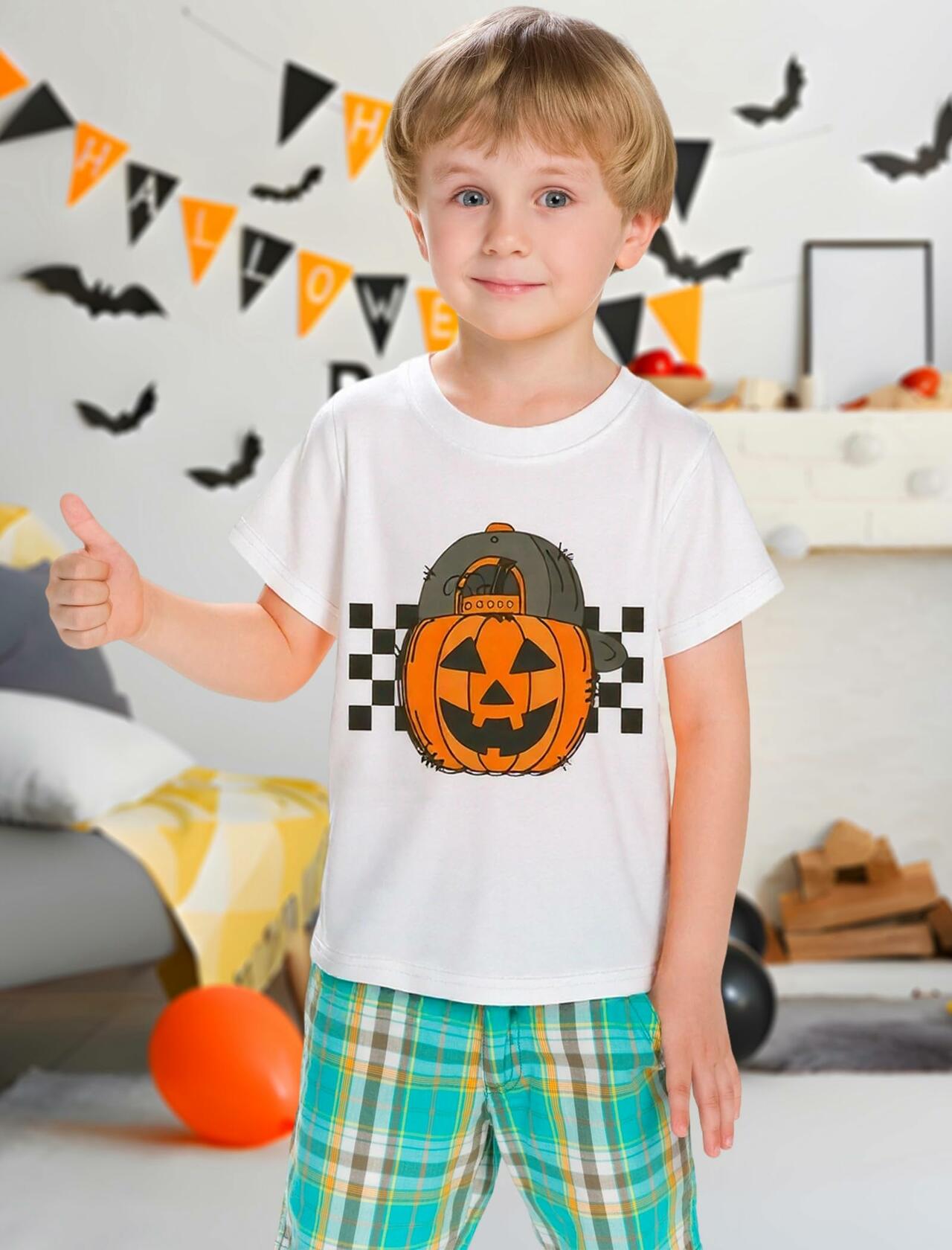 YWAGK Boys Halloween Pumpkin T-Shirt Plaid Tee White Size 7-8 Years