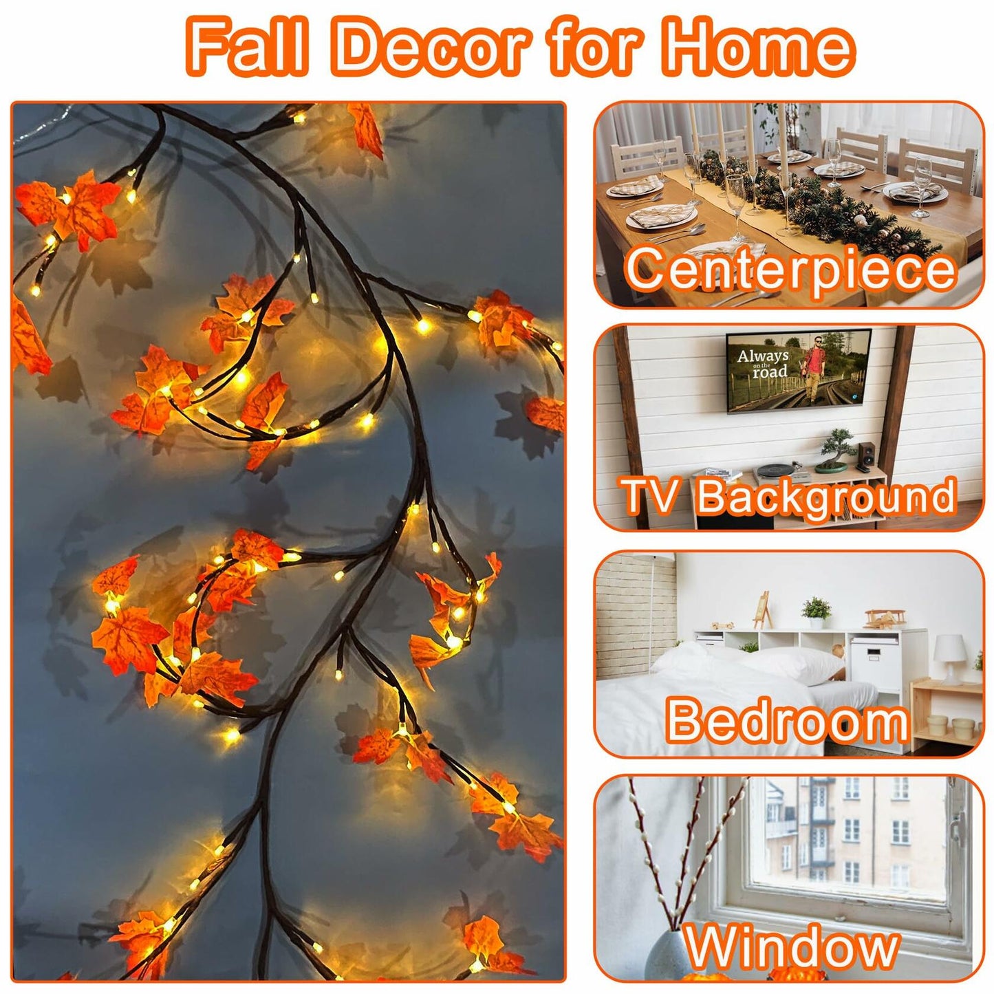 PAJH Fall Thanksgiving Garland 5.25ft 72 LED 8 Modes Orange Leaf Lights