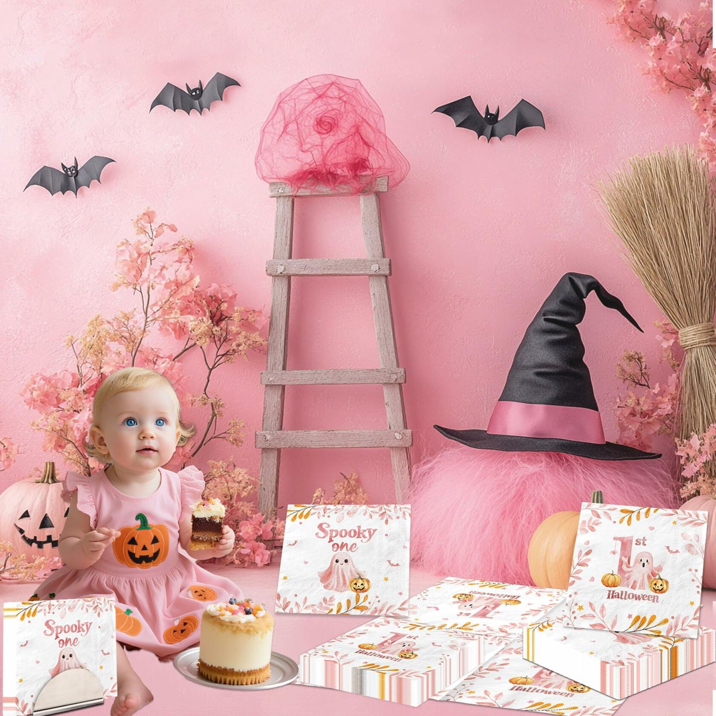 GREHUMOR Spooky One Birthday Napkin Pink Halloween Girl 1st Birthday
