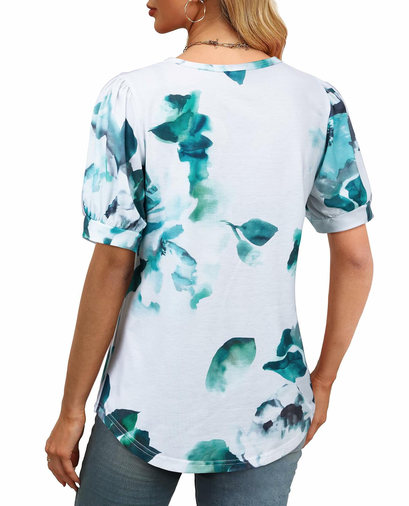 Uhiger Womens Summer Pleated Puff Sleeve Top Crewneck Blue Flower Size 2XL