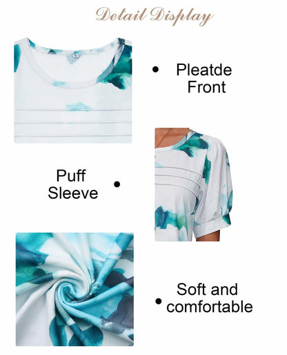 Uhiger Womens Summer Pleated Puff Sleeve Top Crewneck Blue Flower Size 2XL