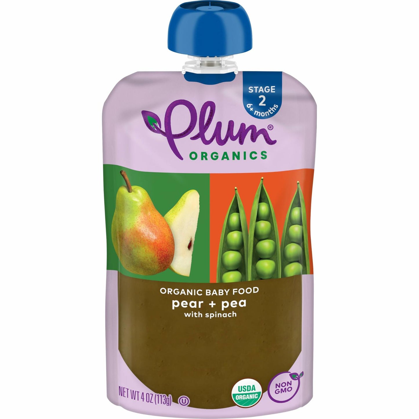 Plum Organics Stage 2 Baby Food Pear Pea Spinach 4oz Pouch Organic