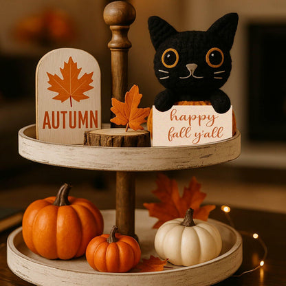 Skyists Crochet Black Cat Plush with Happy Fall Y'All Sign 3.74in Orange Black