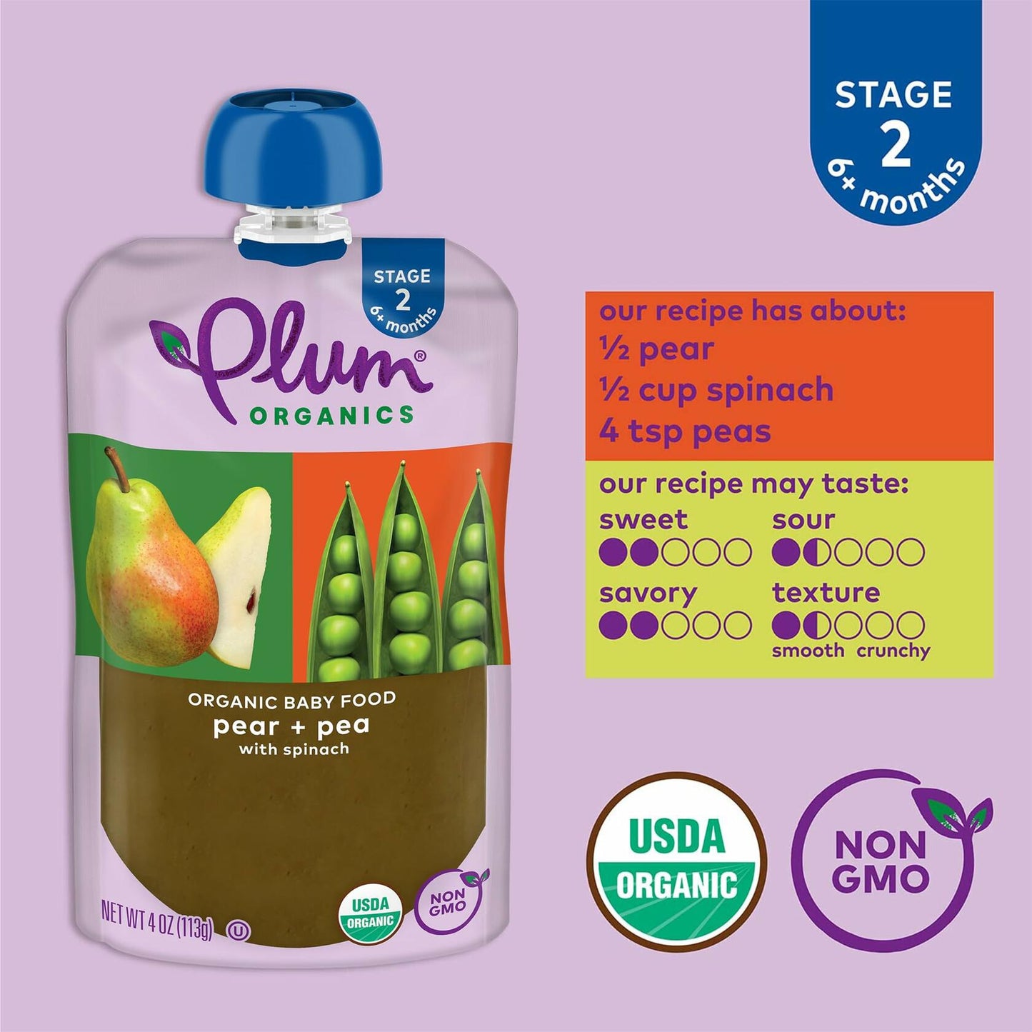 Plum Organics Stage 2 Baby Food Pear Pea Spinach 4oz Pouch Organic