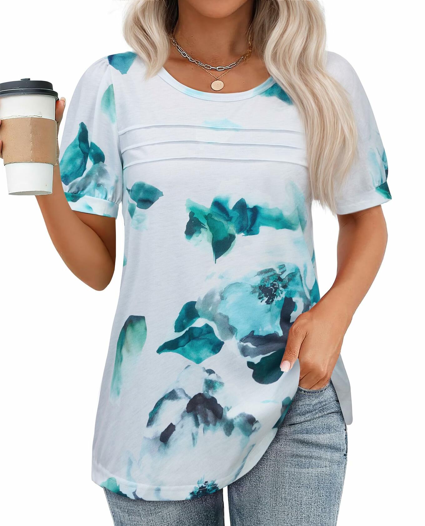 Uhiger Womens Summer Pleated Puff Sleeve Top Crewneck Blue Flower Size 2XL